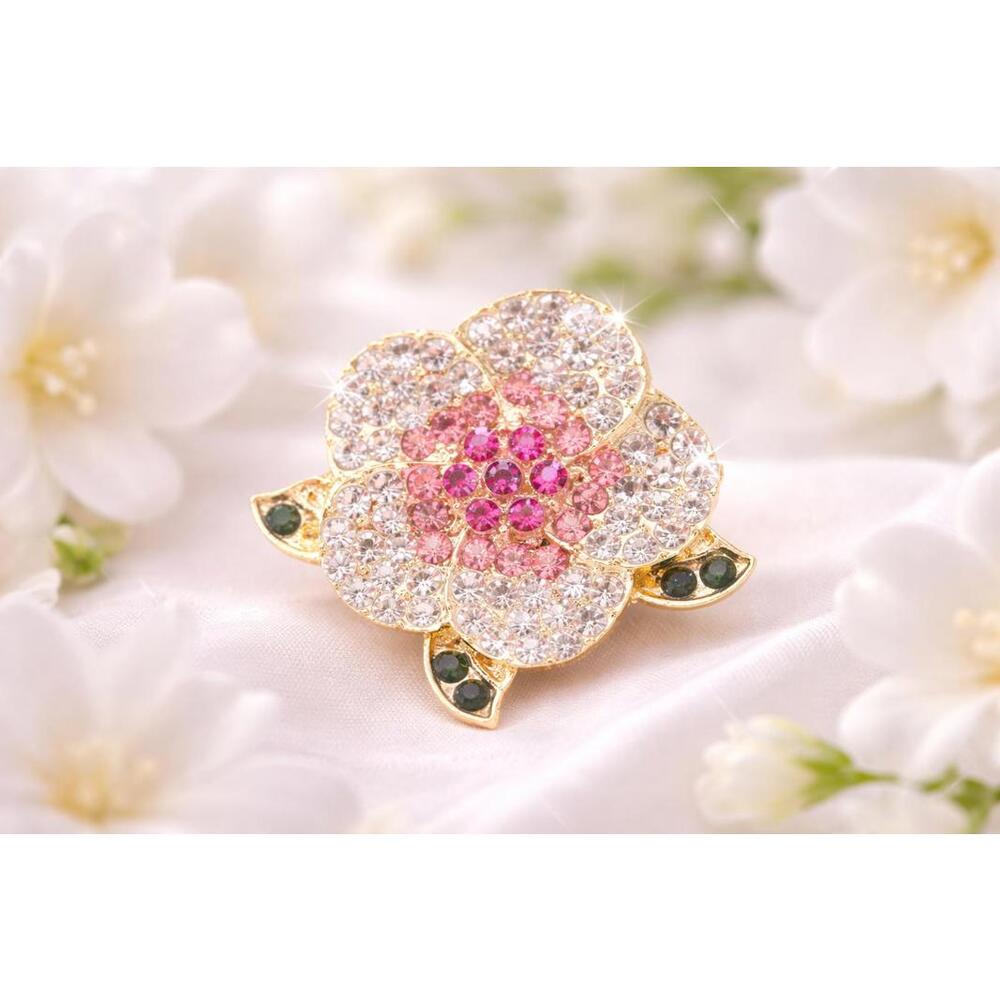 Pink Rhinestone Flower Brooch Crystal Floral Pin Gold Tone Sparkly FREE SHIPPING
